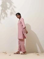 trueBrowns Pink Cotton Linen Kurta Co-Ord Set | Grocsy