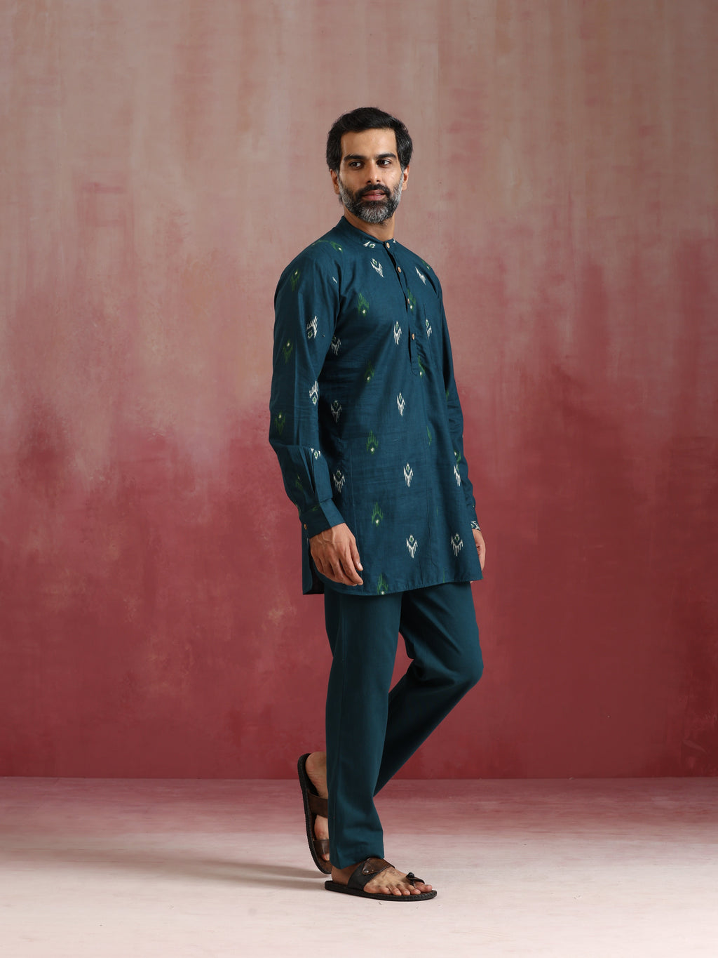 trueBrowns Men's Blue Ikat Print Mandarin Collar Kurta Co-ord set | Grocsy