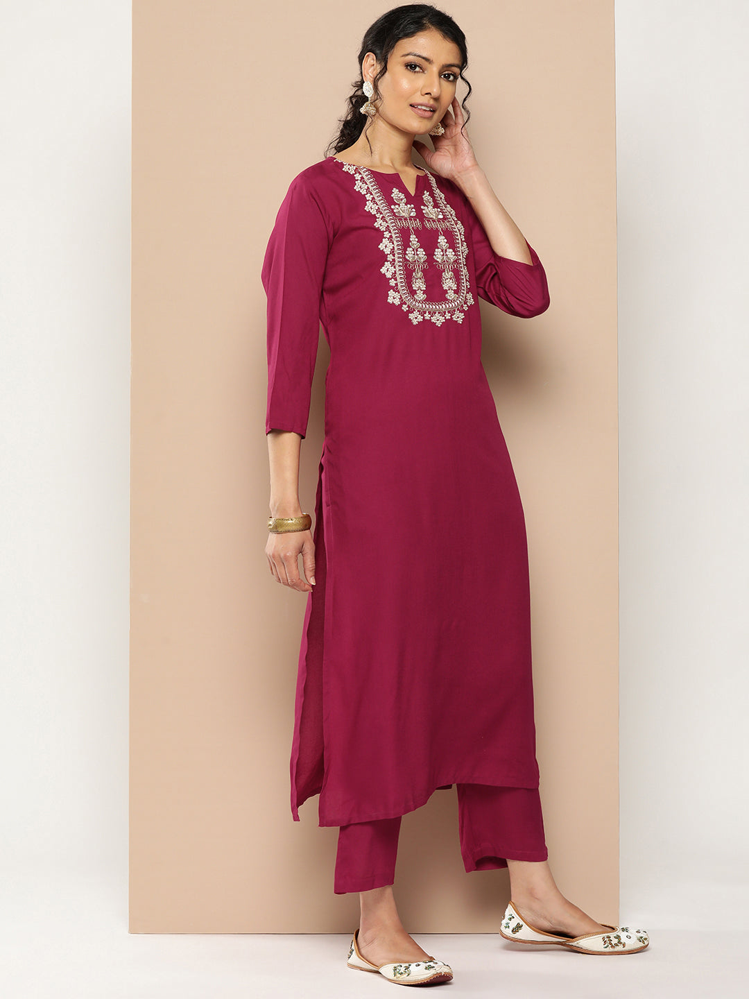 KSUT (House of Varanga) Magenta Kurta With Dori And Zari Embroidered Yoke Paired With Organza Dupatta And Straight Trouser | Grocsy
