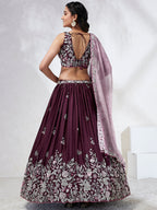 House of Panchhi Burgundy Pure Georgette Sequins And Thread Embroidery Lehenga Choli & Dupatta | Grocsy