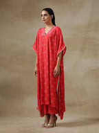 trueBrowns Red Bandhani Printed Silk Panel Kaftan Kurta Pant Set | Grocsy