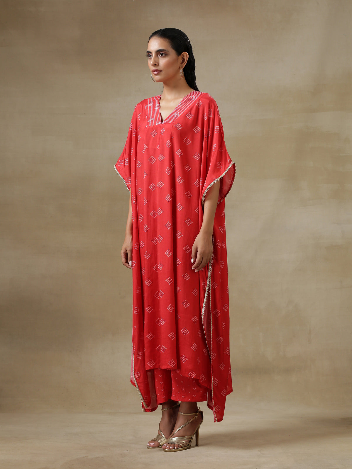trueBrowns Red Bandhani Printed Silk Panel Kaftan Kurta Pant Set | Grocsy