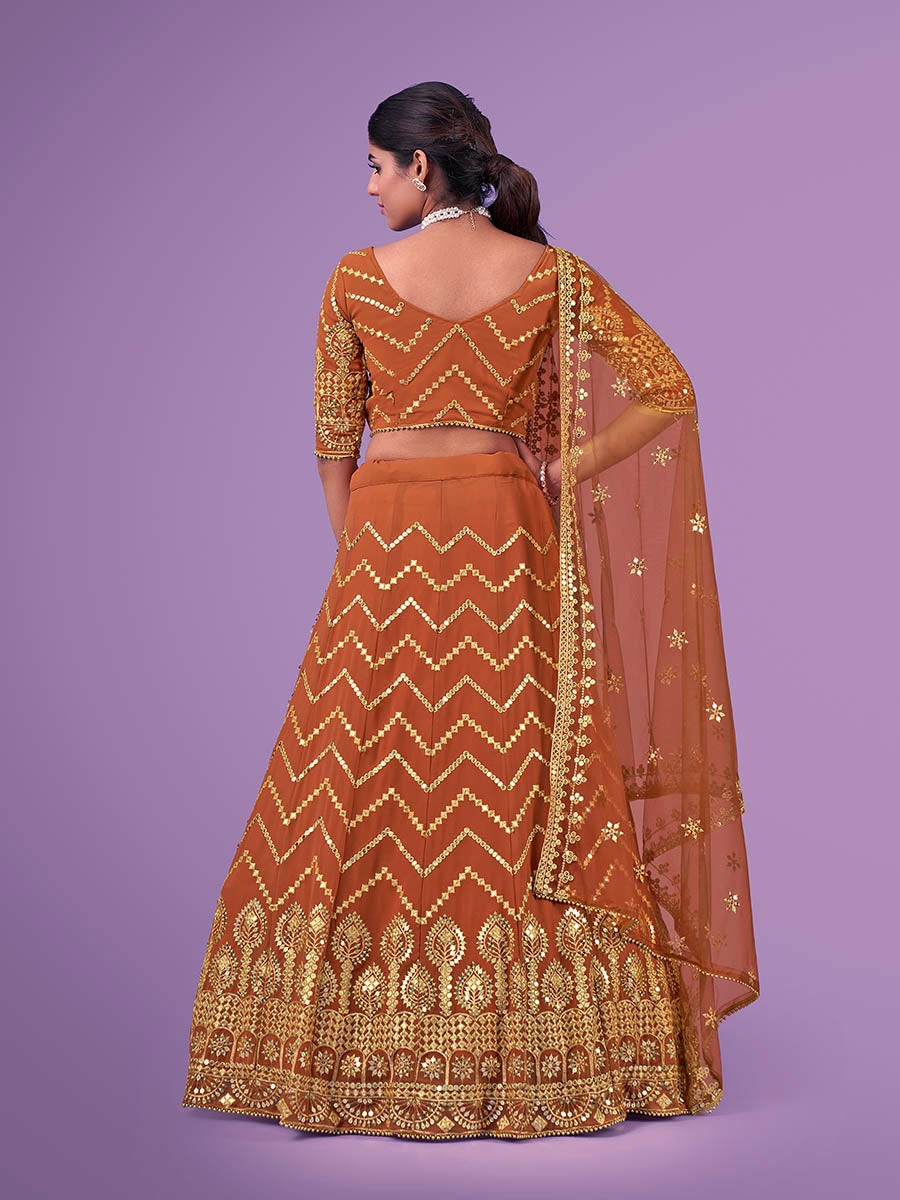 Myra Orange Georgette Embroidered Designer Lehenga | Grocsy