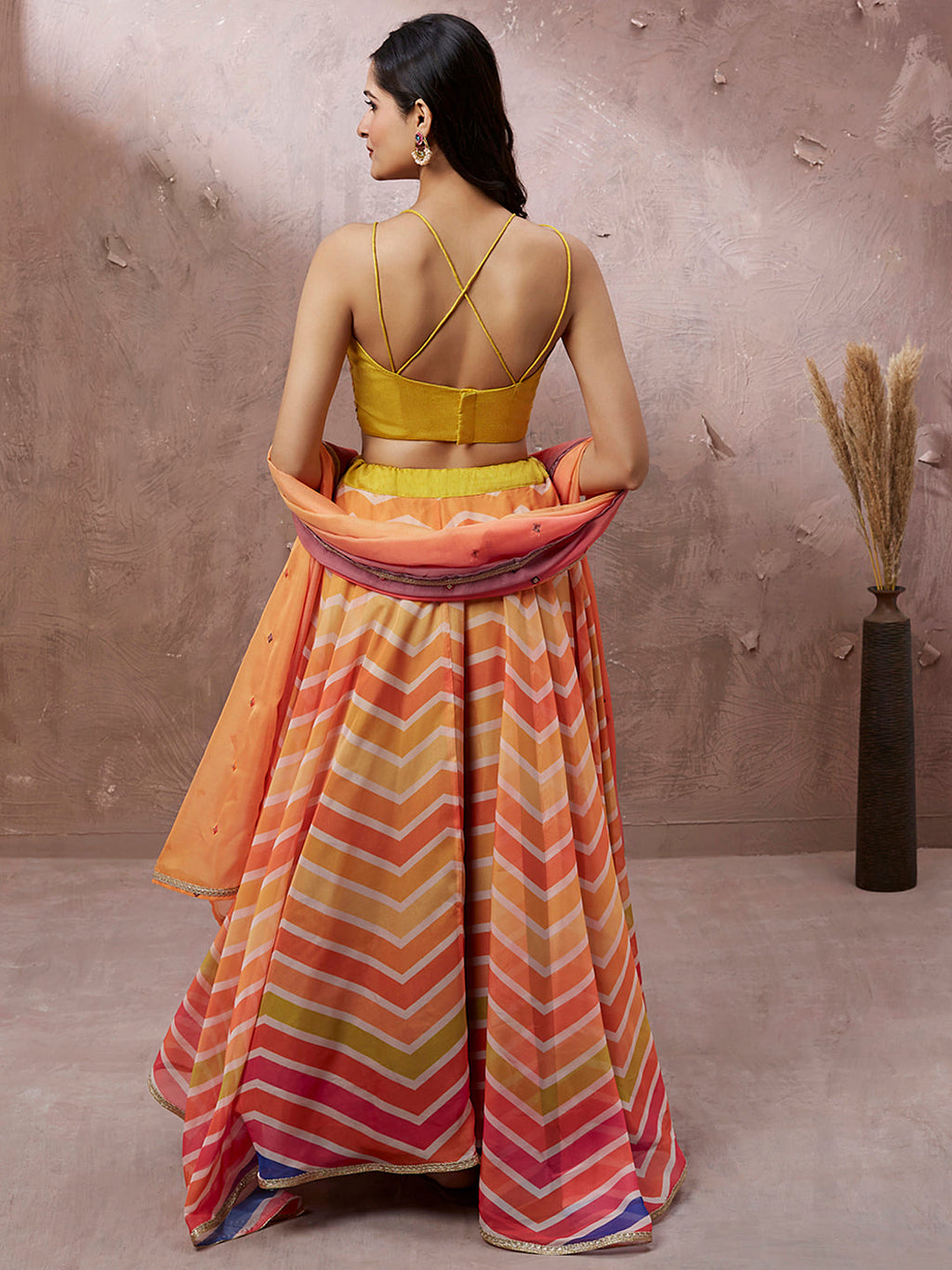 House of Panchhi Yellow Organza Leheriya Printed Lehenga Choli & Dupatta | Grocsy