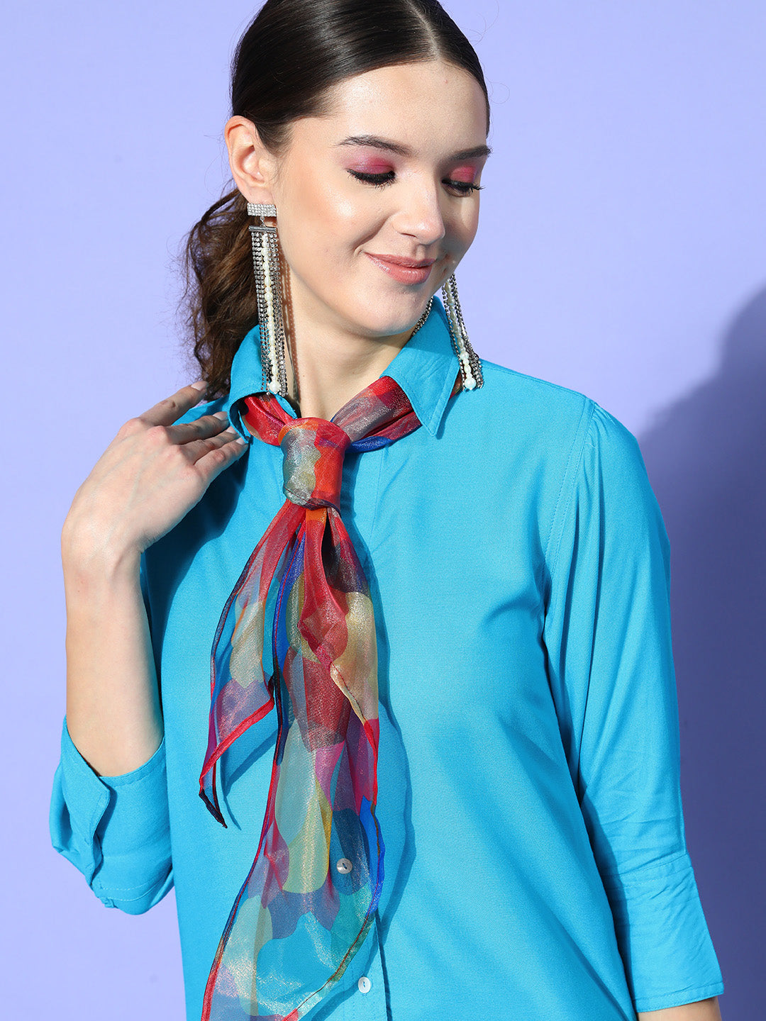 InWeave Women's Aqua Blue Coord Set With Maroon Abstract Scarf | Grocsy