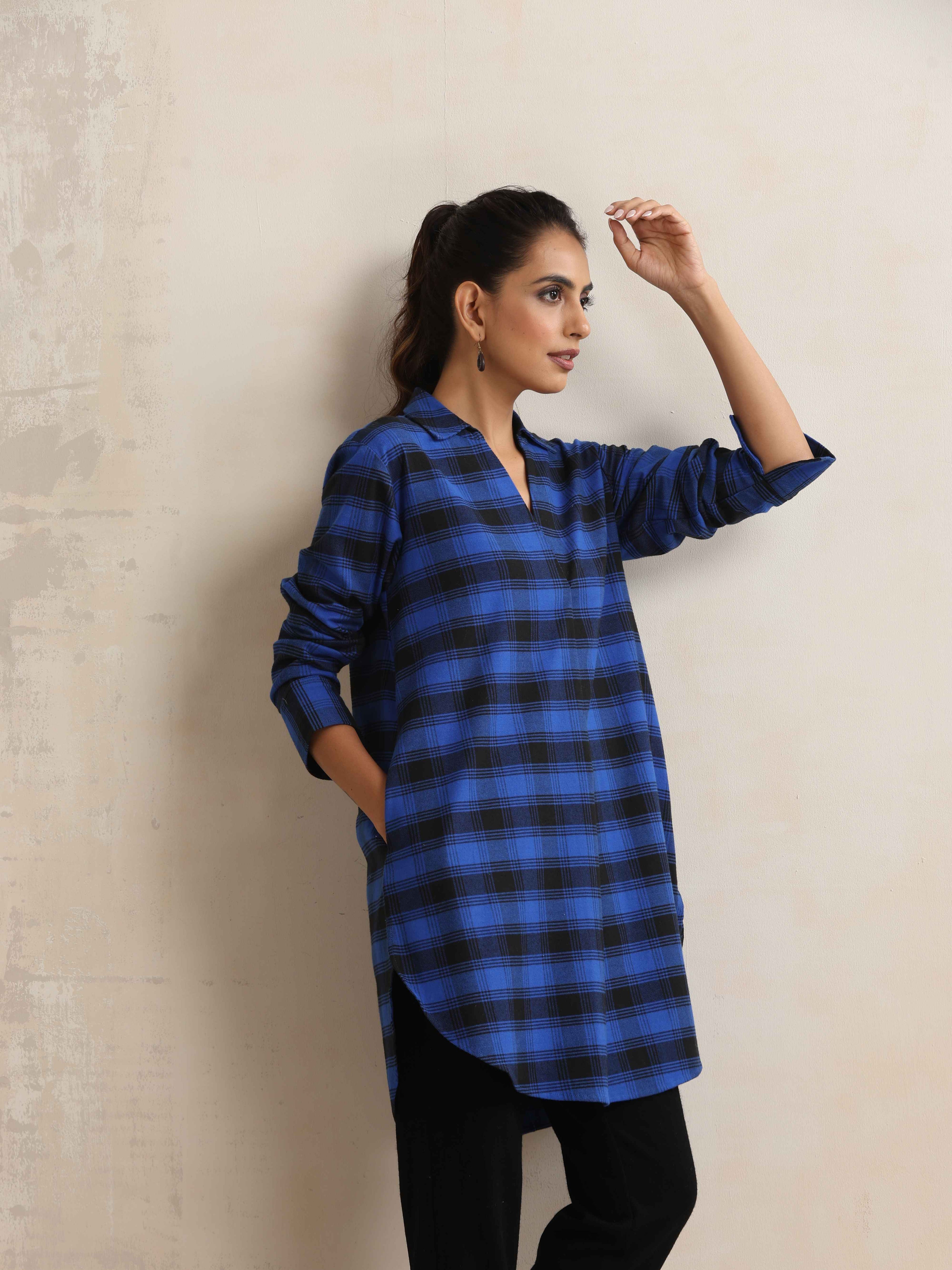 trueBrowns Blue Check Pleated Winter Top | Grocsy