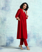 trueBrowns True Red Velvet Yoke Kurta | Grocsy