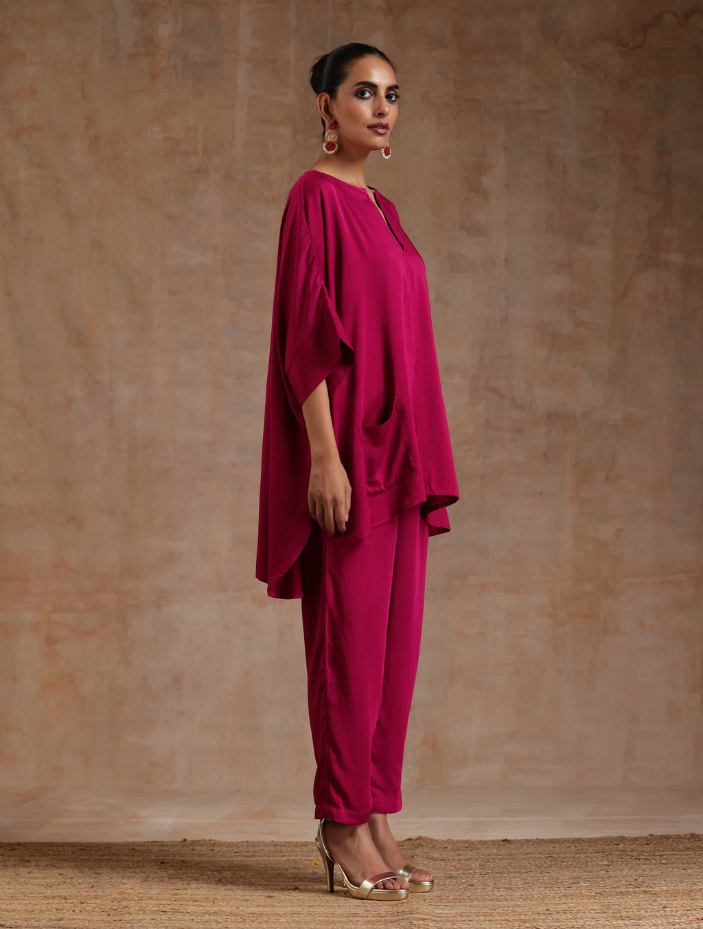 trueBrowns Pink Modal Satin Boxy Fit High-Low Co-Ord Set | Grocsy