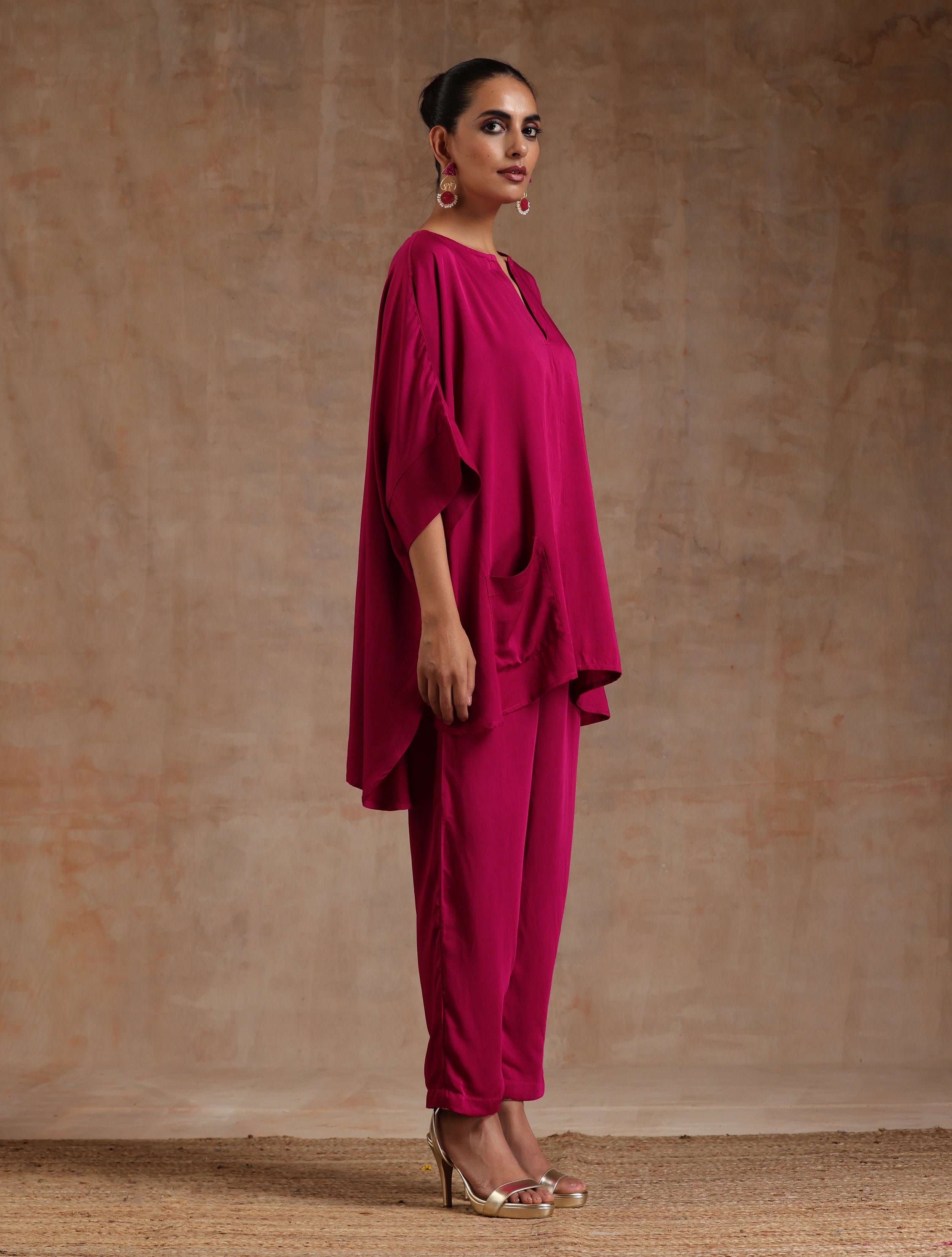 trueBrowns Pink Modal Satin Boxy Fit High-Low Co-Ord Set | Grocsy