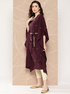 Ahalyaa Women Floral Printed Flared Sleeves Belted Detail Crepe Kaftan Kurta | Grocsy