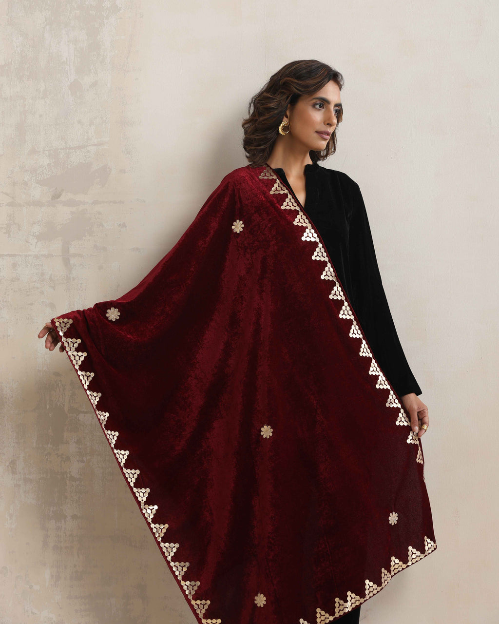 trueBrowns Maroon Velvet Gota Patti Stole | Grocsy