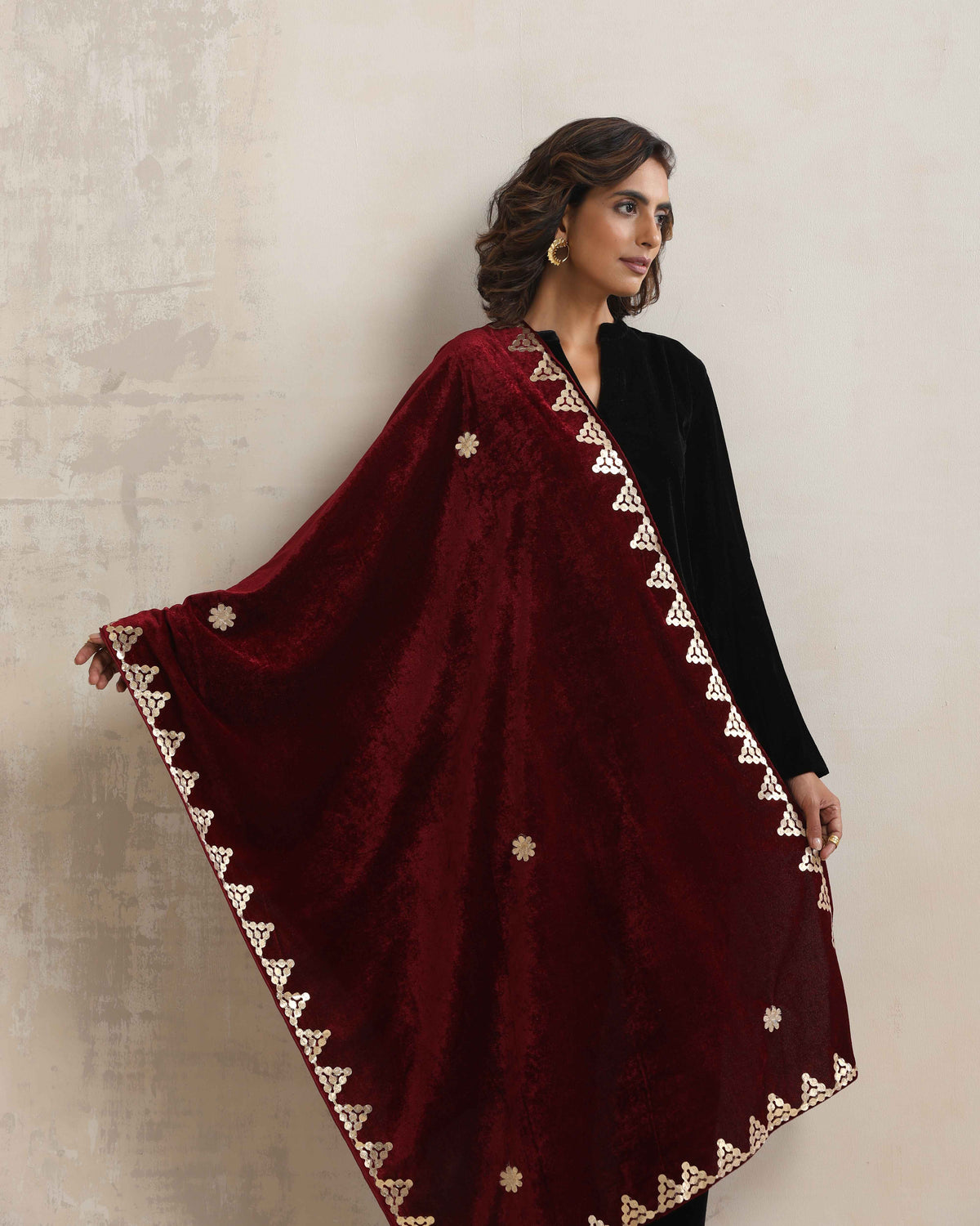 trueBrowns Maroon Velvet Gota Patti Stole | Grocsy