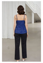 Myshka Women Blue Linen Shoulder Strap Pleated Top | Grocsy
