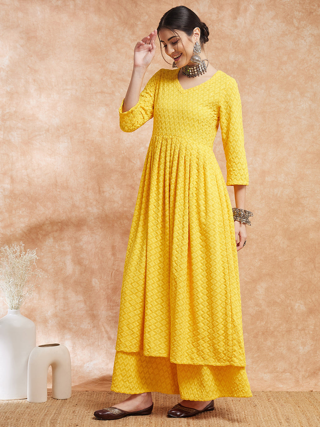 InWeave Women's Butter Yellow Chikankari Long Anarkali Kurta Sharara Set | Grocsy