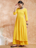 InWeave Women's Butter Yellow Chikankari Long Anarkali Kurta Sharara Set | Grocsy
