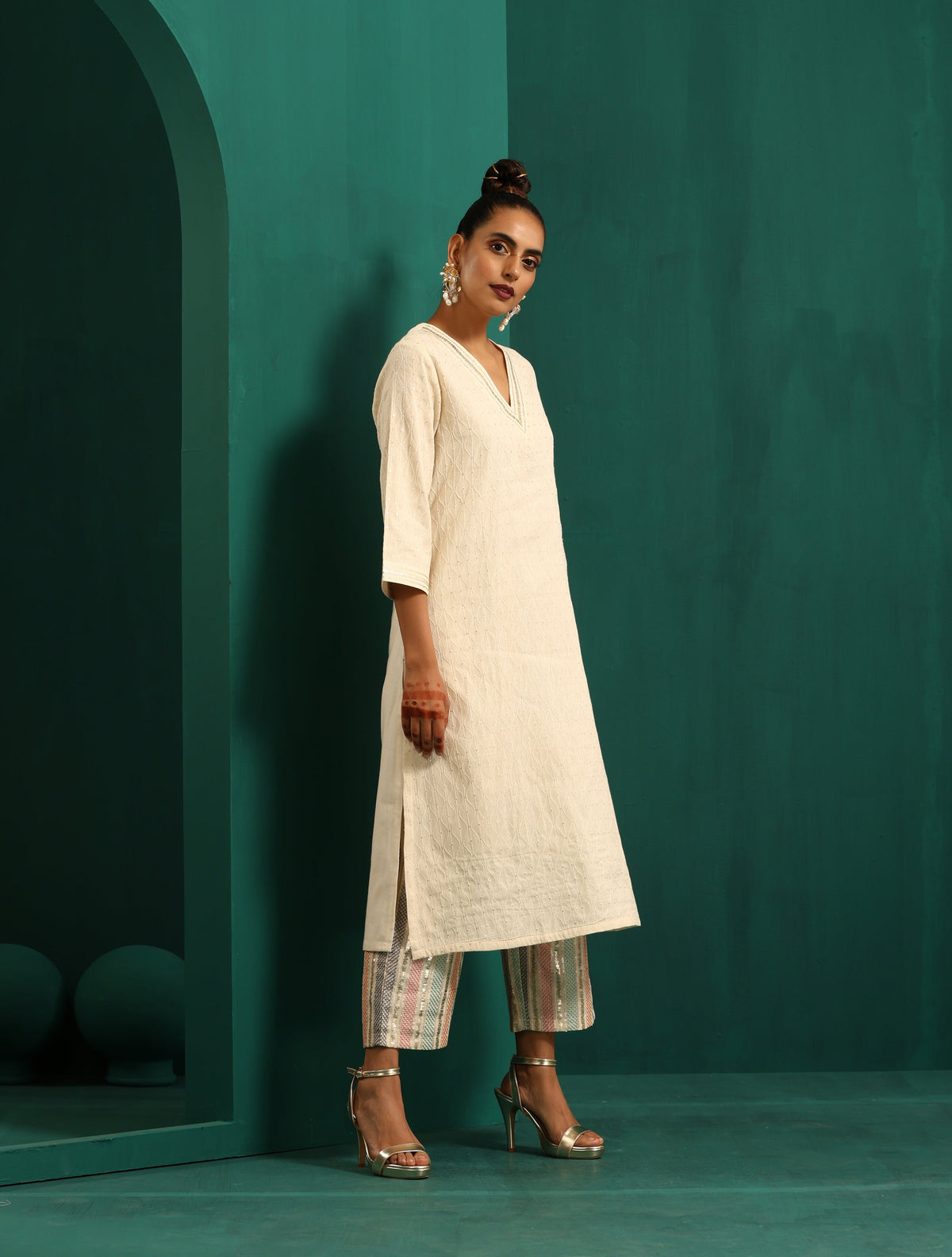 trueBrowns Ivory Tonal Cotton Kurta with Embroidered Pants | Grocsy