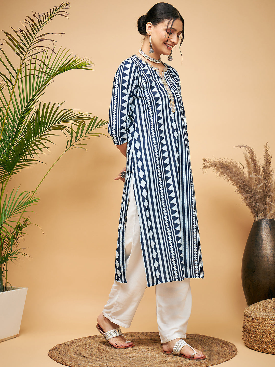 InWeave Women's White Navy Stripe Print Gota Straight Kurta Pant Set | Grocsy