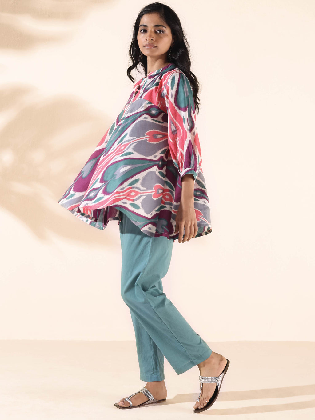 trueBrowns Green Cotton Ikat Flared Co-ord Set | Grocsy
