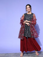 InWeave Women's Blue Printed Kurta Sharara Set With Burgundy Organza Dupatta | Grocsy