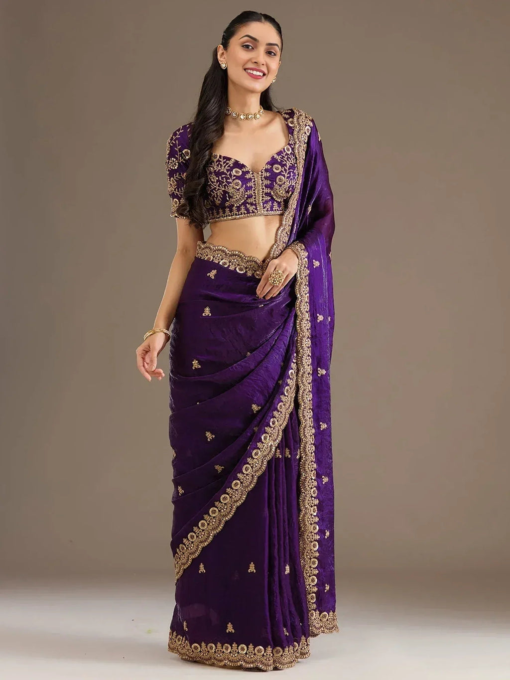 Tulsi Art Beautiful Purple Zari Embroidered Silk Party Wear Saree With Blouse | Grocsy