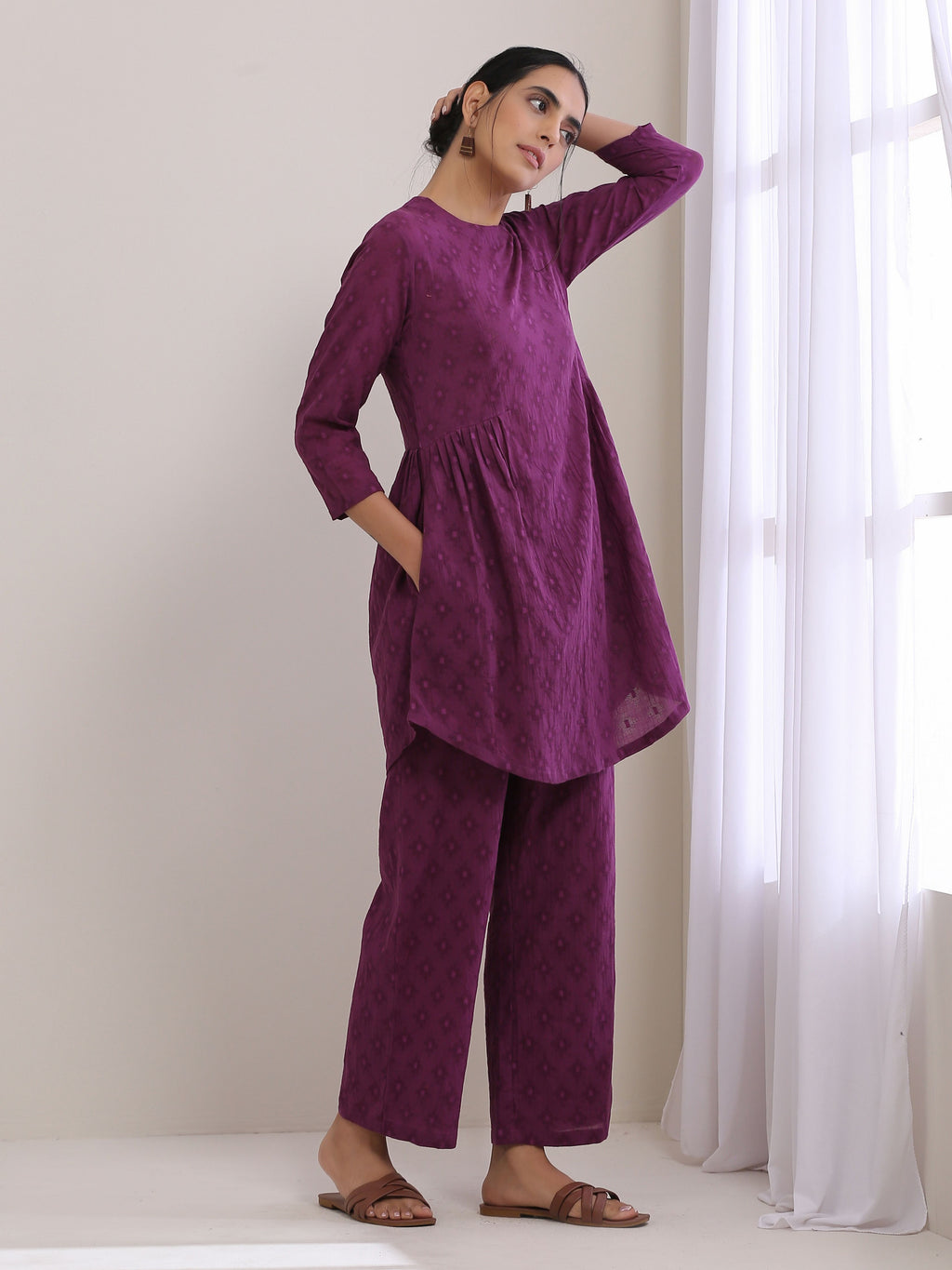 trueBrowns Plum Purple Dobby Gathers Co-Ord Set | Grocsy
