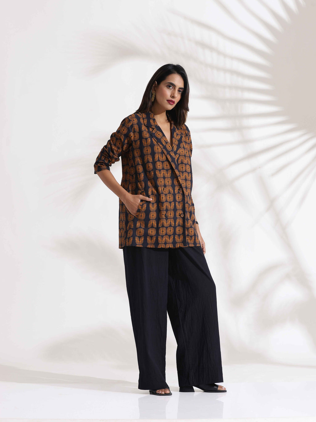 trueBrowns Black Cotton Print Jacket Top Co-ord Set | Grocsy