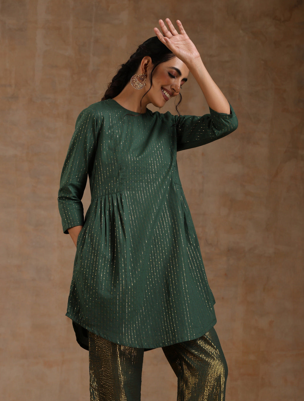 trueBrowns Dark Green Gold Cotton Side Gather Co-Ord Set | Grocsy
