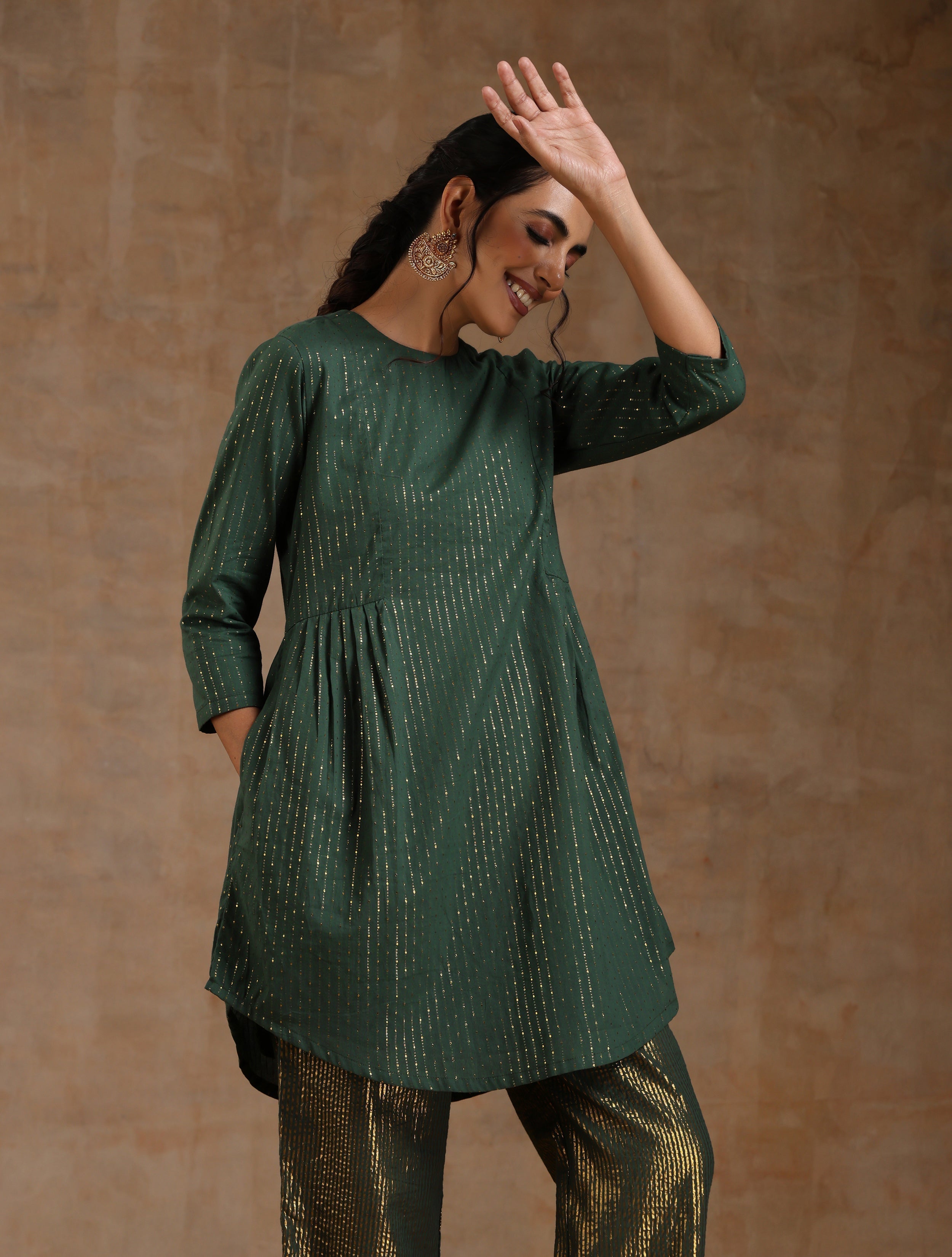 trueBrowns Dark Green Gold Cotton Side Gather Co-Ord Set | Grocsy