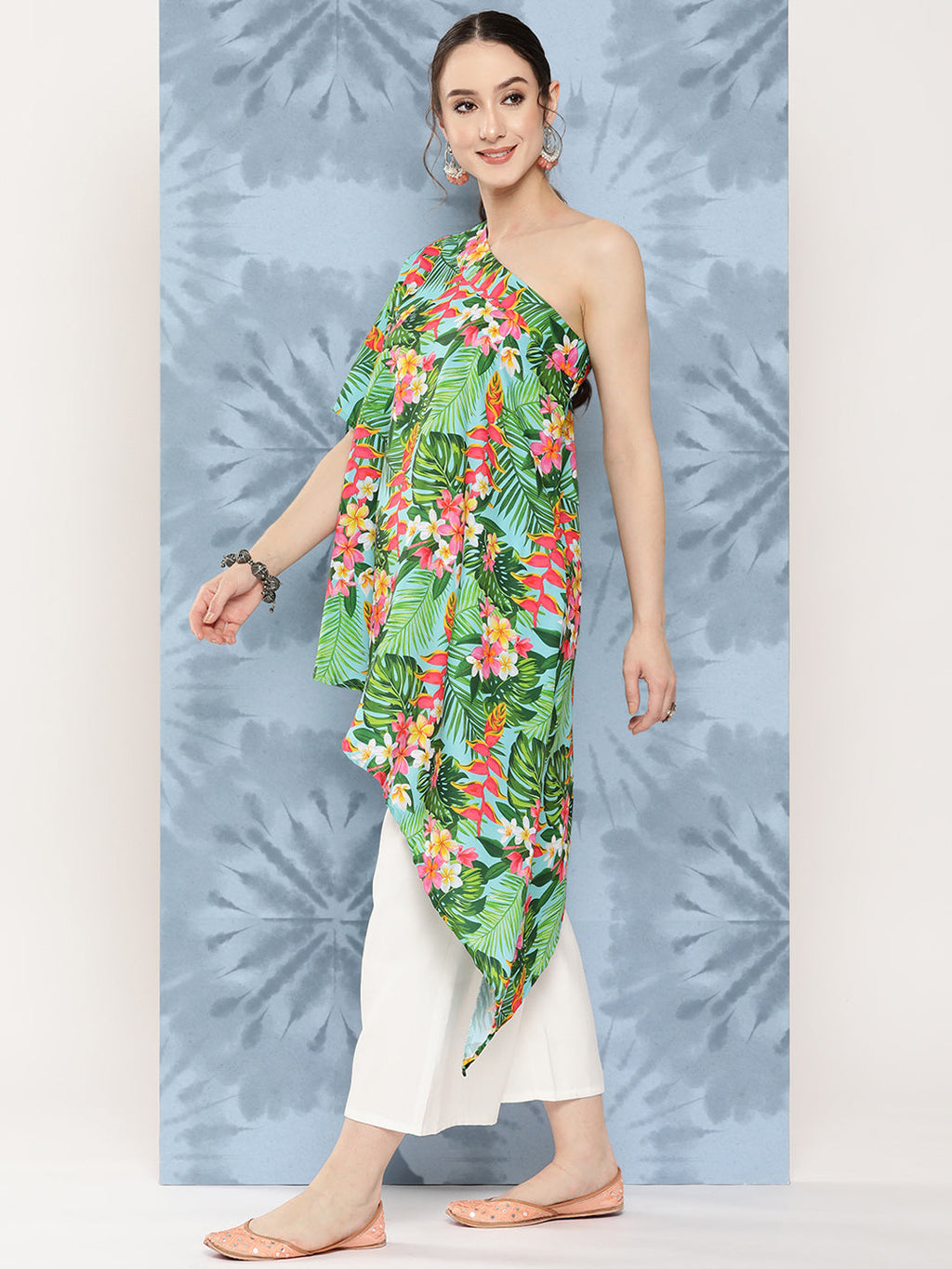 InWeave Women's Mint Green Leaf Japanese Art Oneshoulder Top | Grocsy