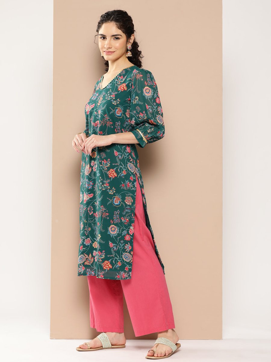 Ahalyaa Women Floral Printed Gotta Patti Floral Georgette Kurta | Grocsy