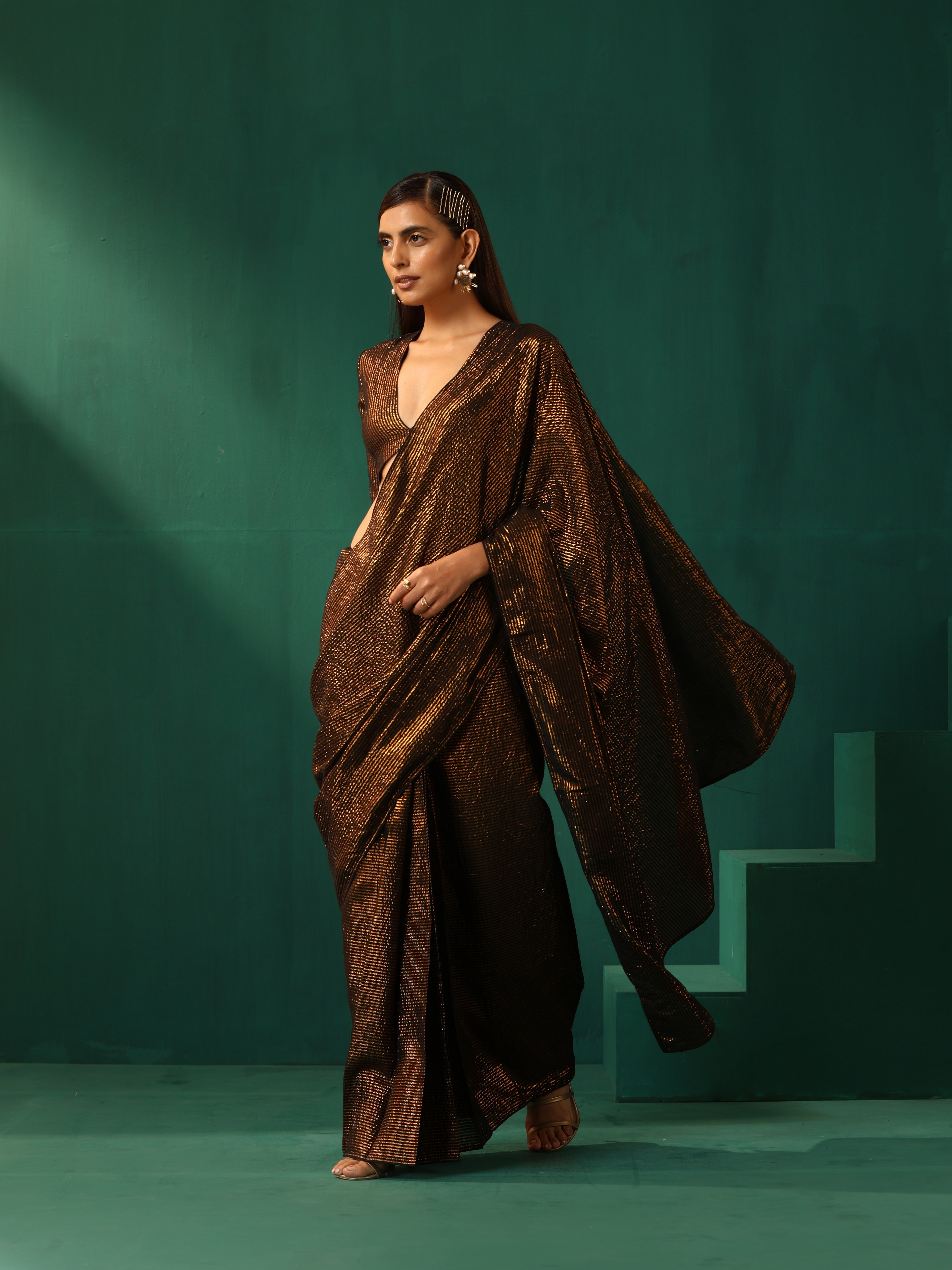 trueBrowns Black Cotton Gold Lurex Striped Ready to Wear Saree | Grocsy