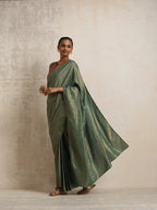 trueBrowns Dark Green Gold Metallic Ready To Wear Saree | Grocsy