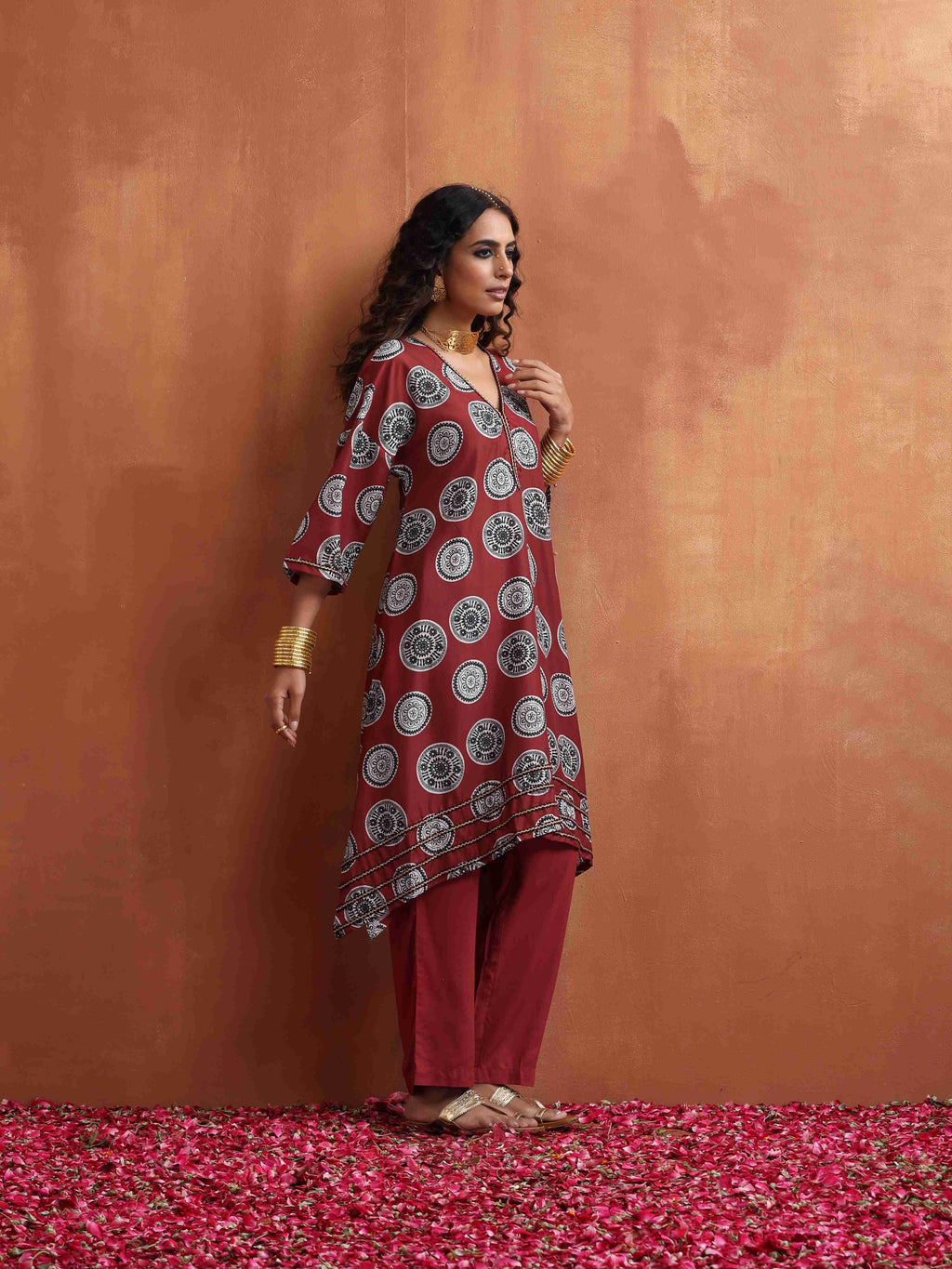 trueBrowns Maroon Print A-line Kurta Co-ord Set | Grocsy