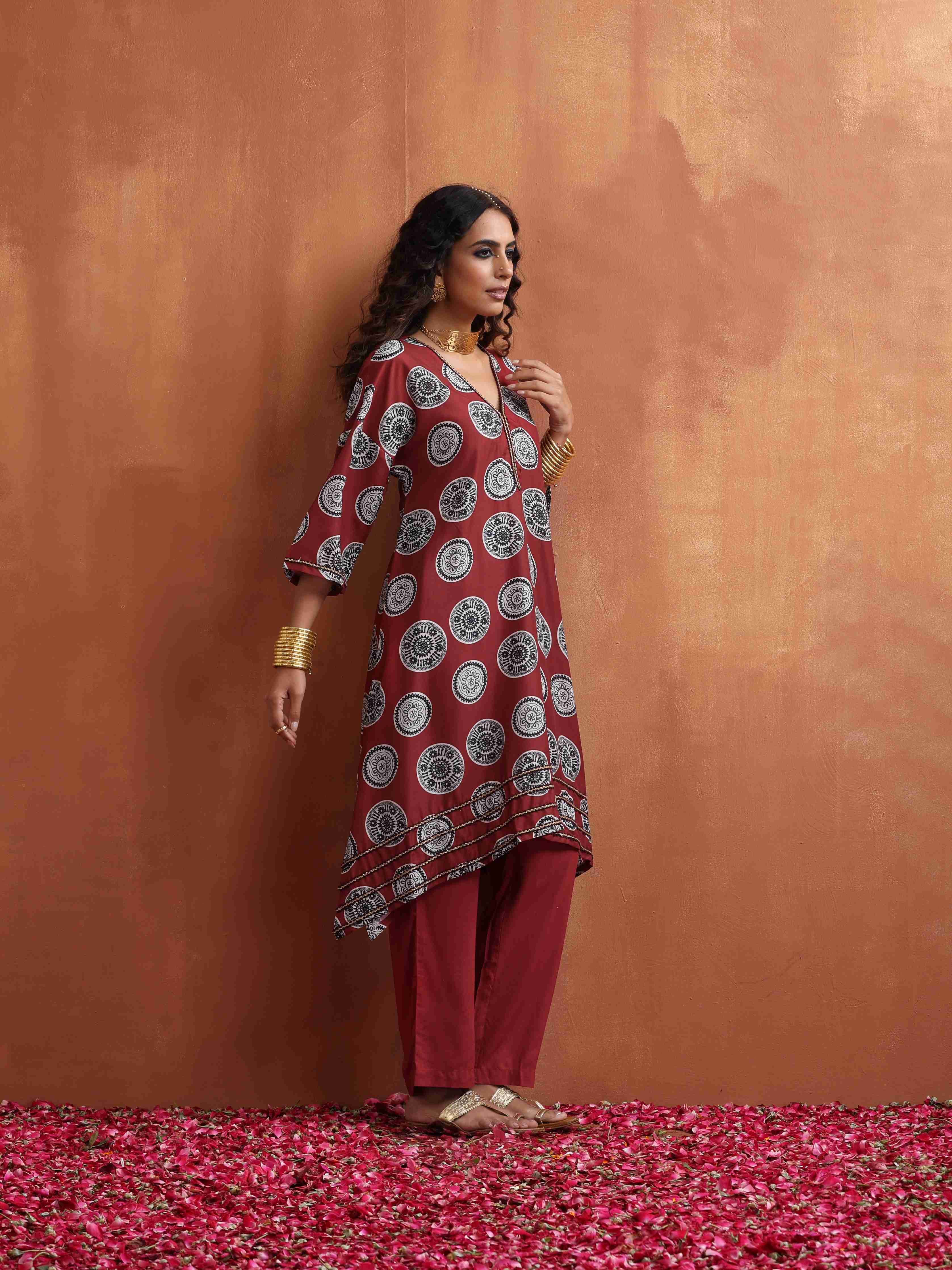 trueBrowns Maroon Print A-line Kurta Co-ord Set | Grocsy