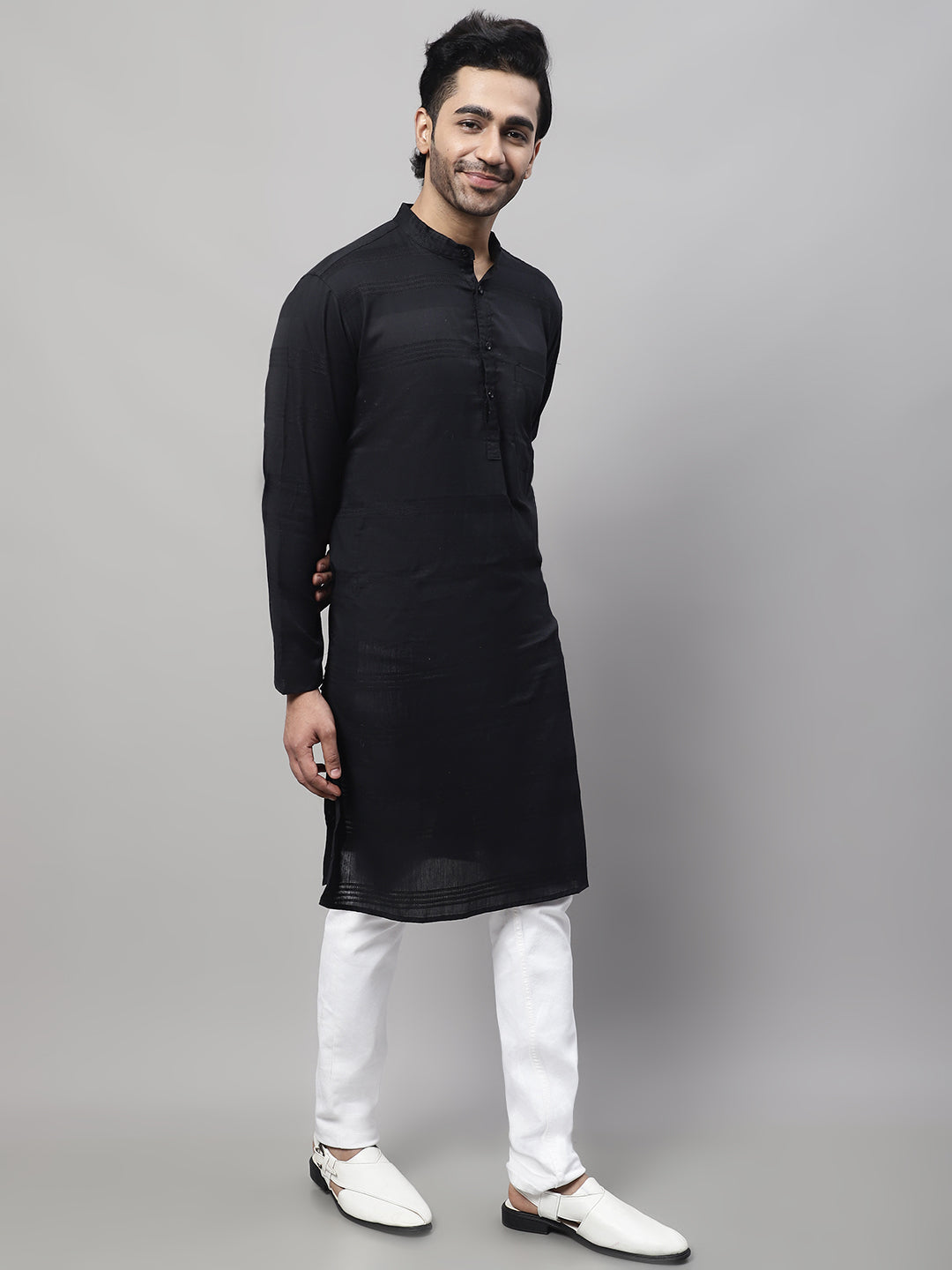 Even Apparels Black Pure Cotton Kurta With Band Collar | Grocsy