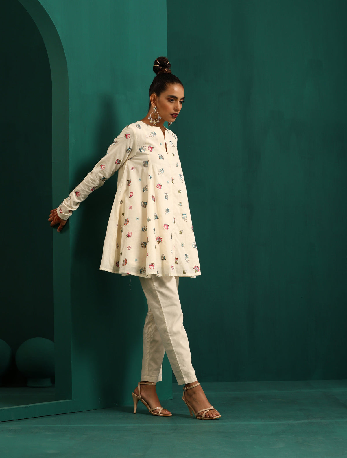 trueBrowns Ivory Multi Color Floral Cotton Flared Co-ord Set | Grocsy