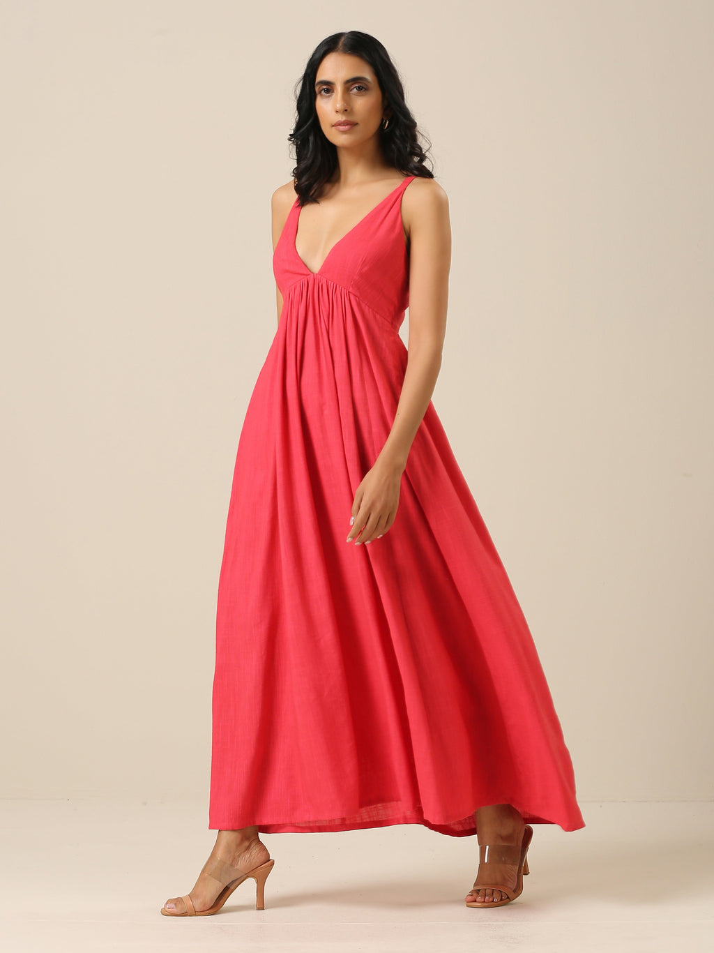 trueBrowns Bright Pink Slub Texture Sleeveless Dress | Grocsy