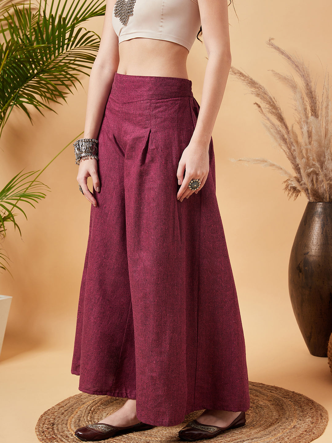 InWeave Women's Pink Wine Handloom Palazzo | Grocsy