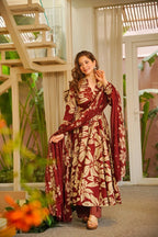 Yash Enterprise Red Muslin Cotton Silk Party Wear Embroidery Suit Set | Grocsy