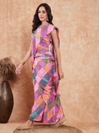 InWeave Women's Pink Square Multi Badhani Palazzo Saree | Grocsy