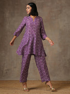 trueBrowns Purple White Lehariya Printed Silk Co-Ord Set | Grocsy