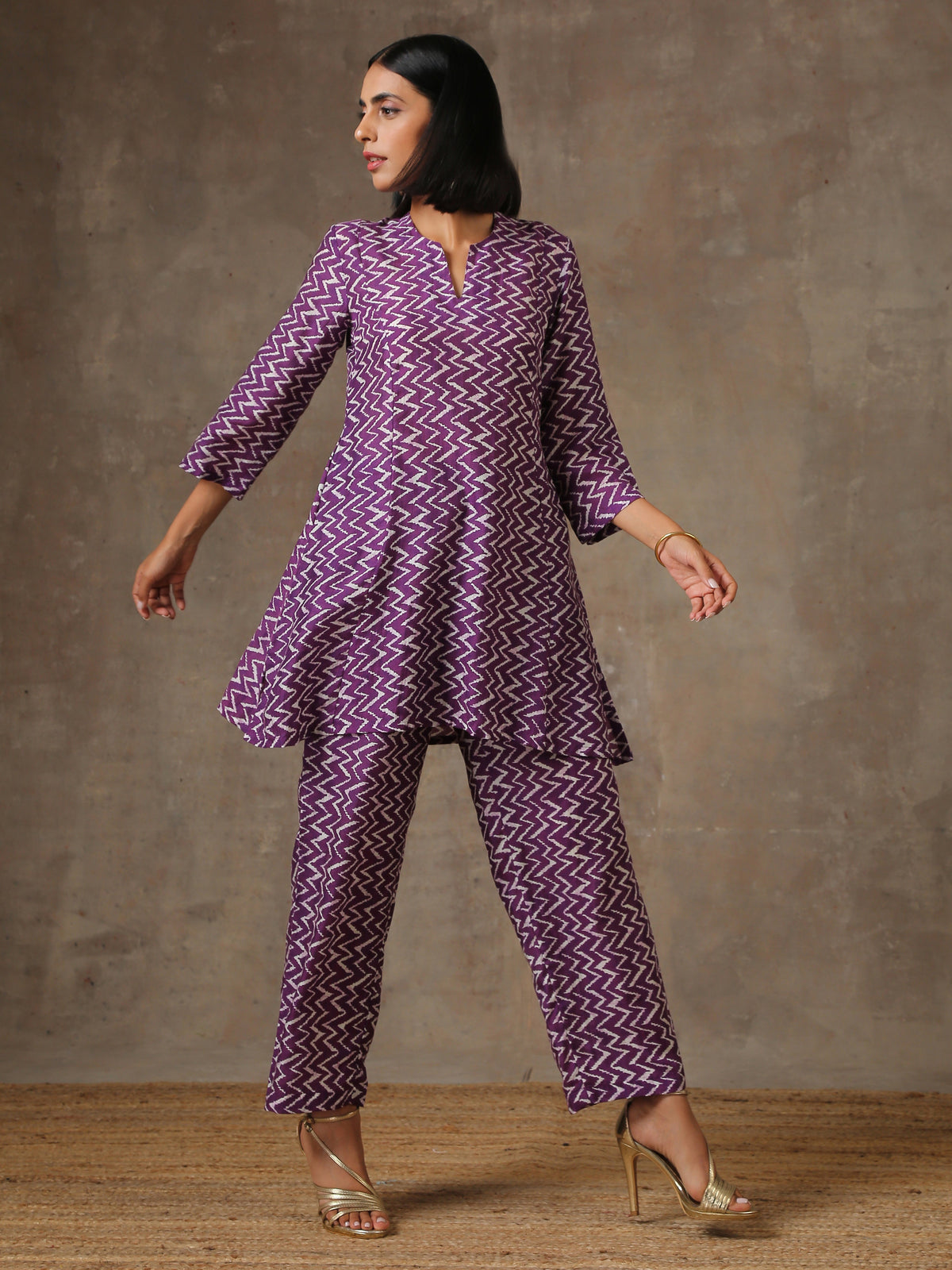 trueBrowns Purple White Lehariya Printed Silk Co-Ord Set | Grocsy