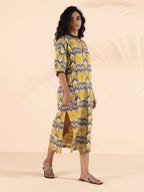 trueBrowns Yellow Cotton Ikat Slit Dress | Grocsy