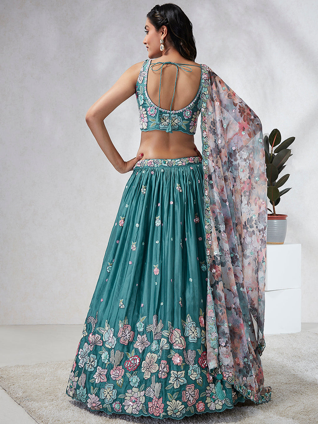 House of Panchhi Turquoise Blue Georgette Sequins And Thread Embroidery Lehenga Choli & Dupatta | Grocsy