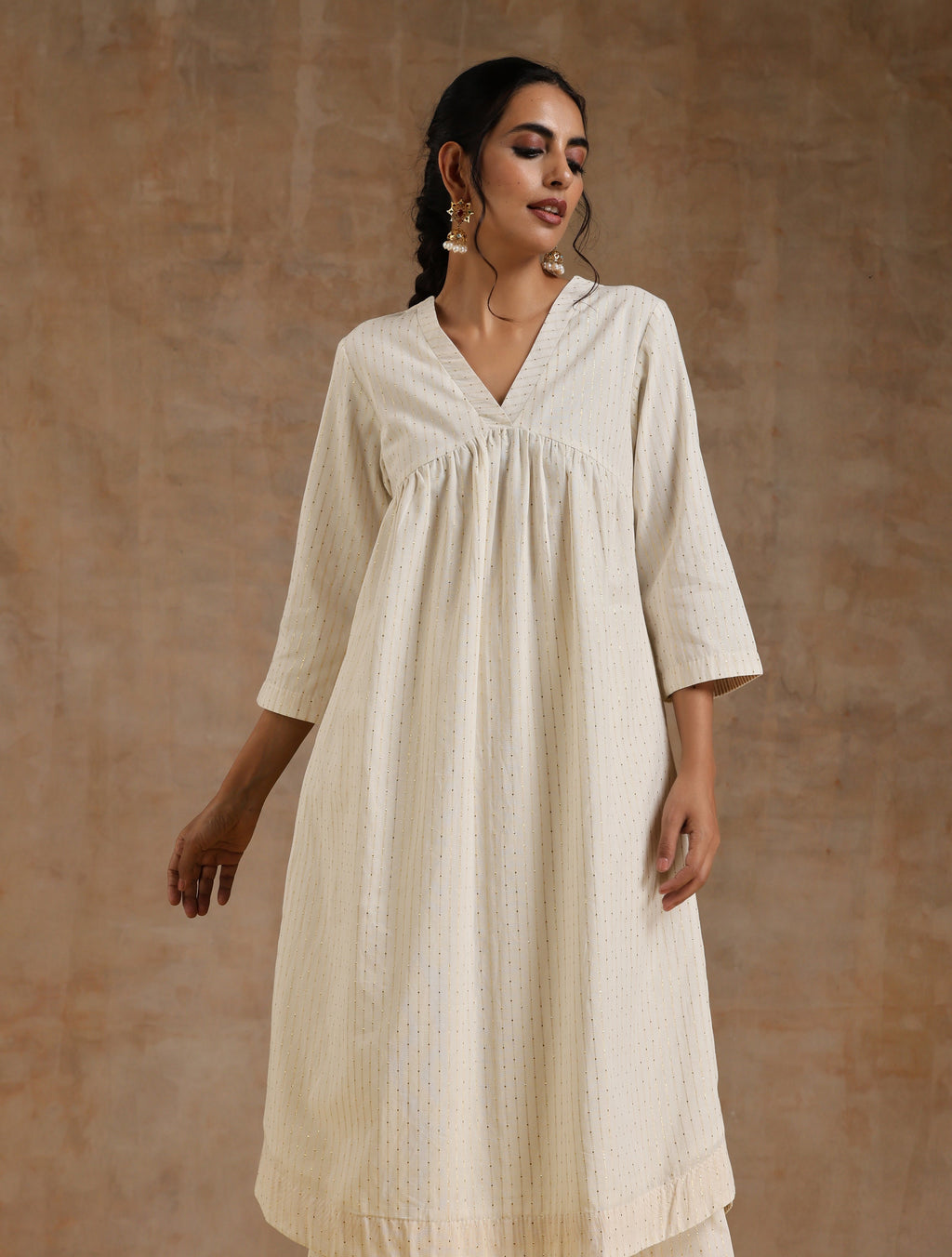 trueBrowns Ivory Gold Cotton Flared Kurta Set | Grocsy
