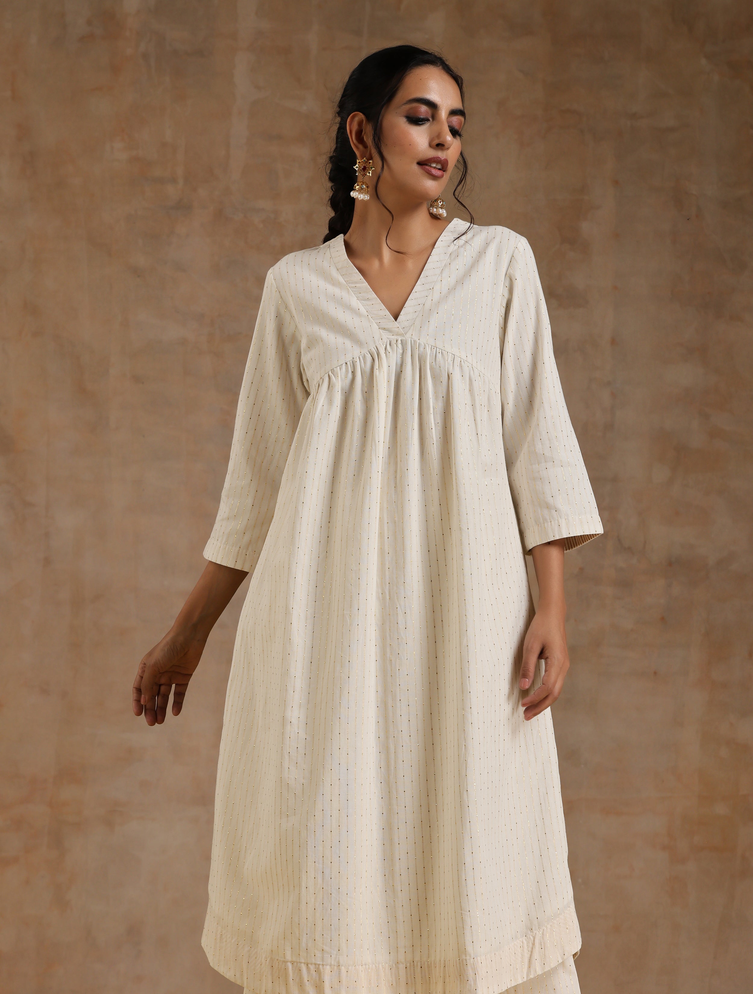 trueBrowns Ivory Gold Cotton Flared Kurta Set | Grocsy