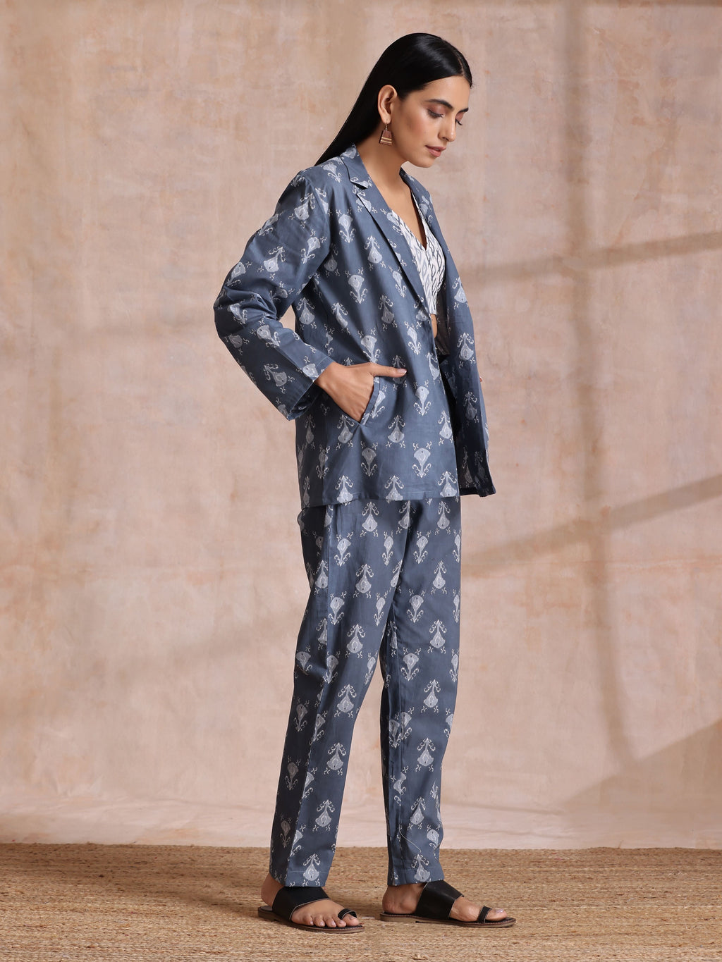 trueBrowns Grey On Grey Ikat Print Cotton Pant Suit Set | Grocsy