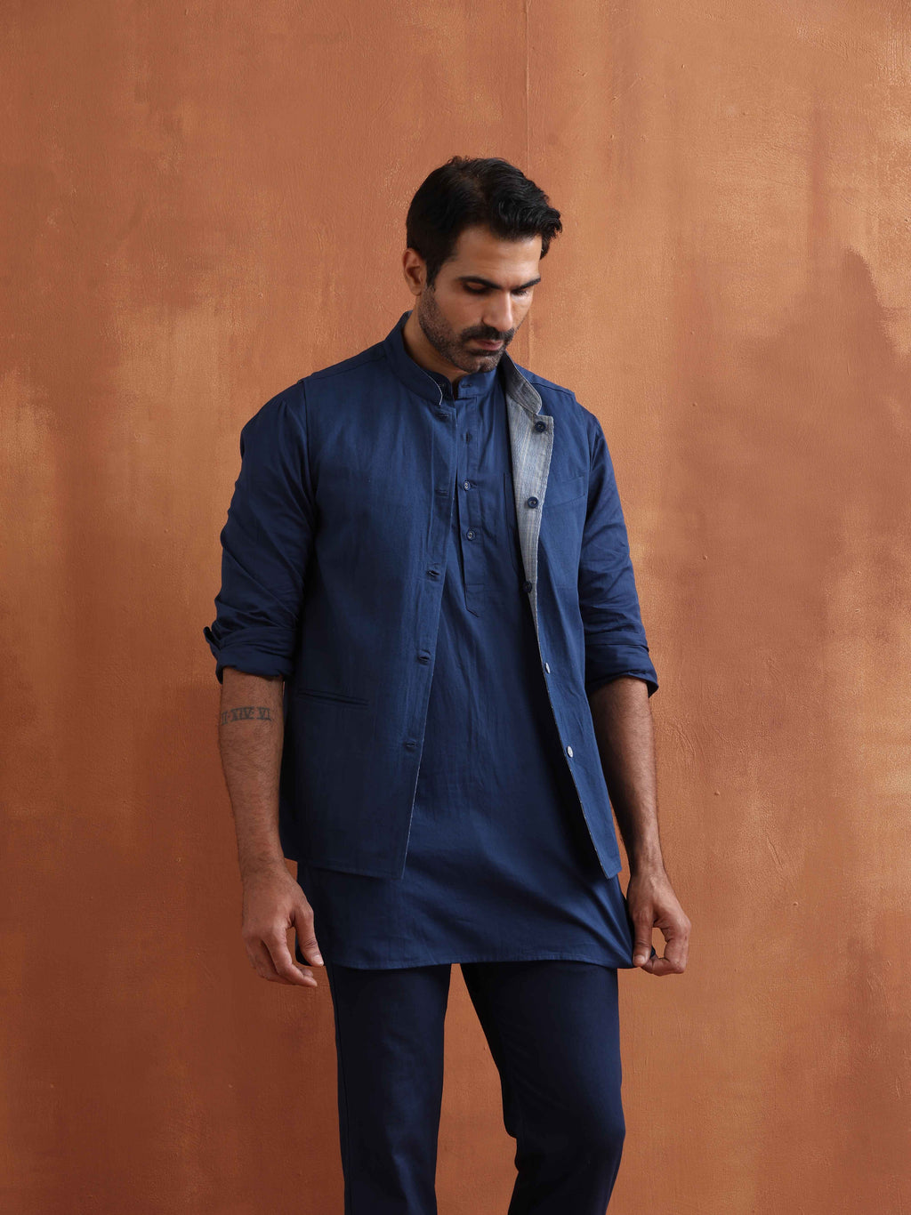 trueBrowns Men's Blue Chanderi Reversible Nehru Jacket | Grocsy