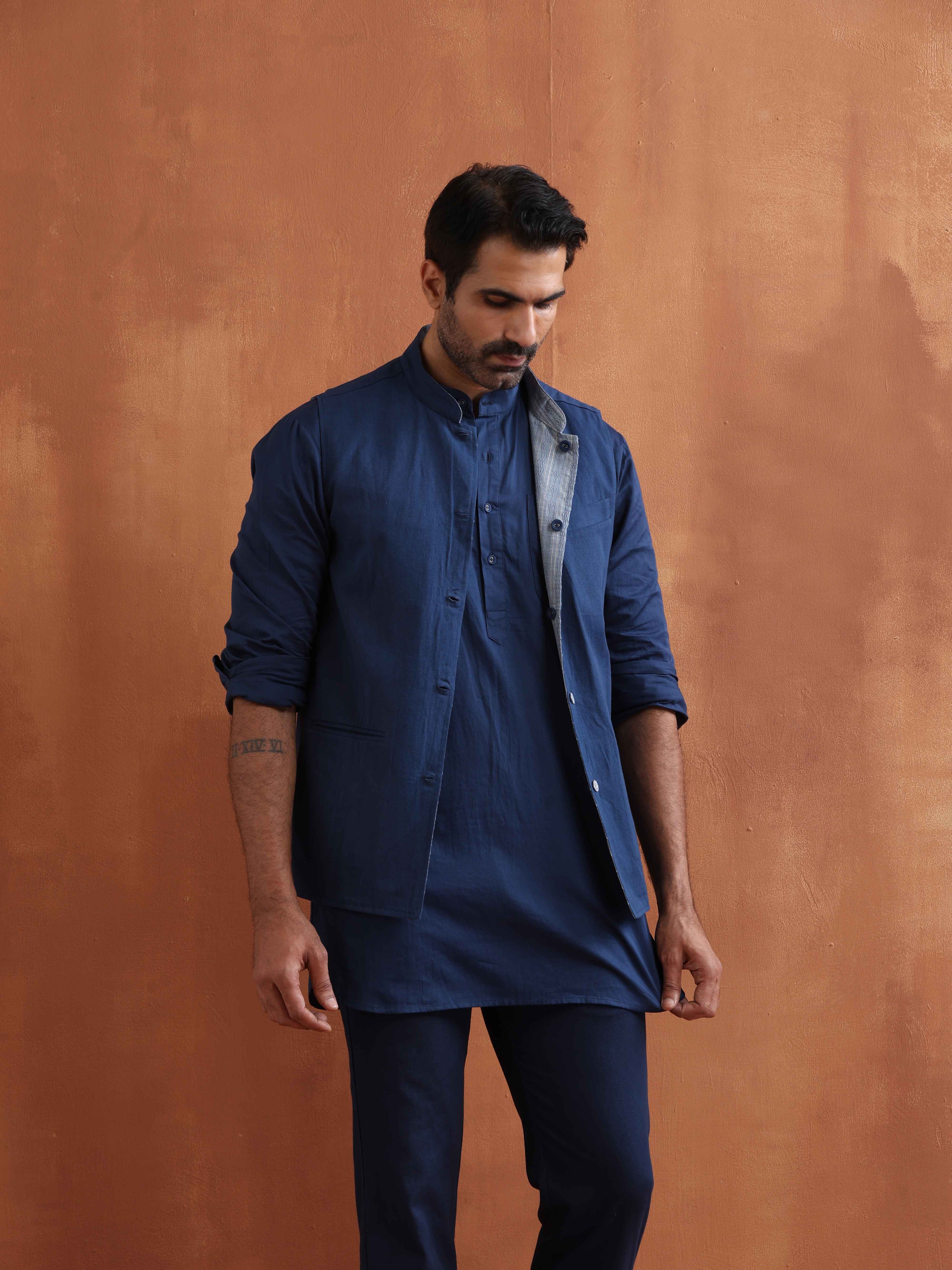 trueBrowns Men's Blue Chanderi Reversible Nehru Jacket | Grocsy