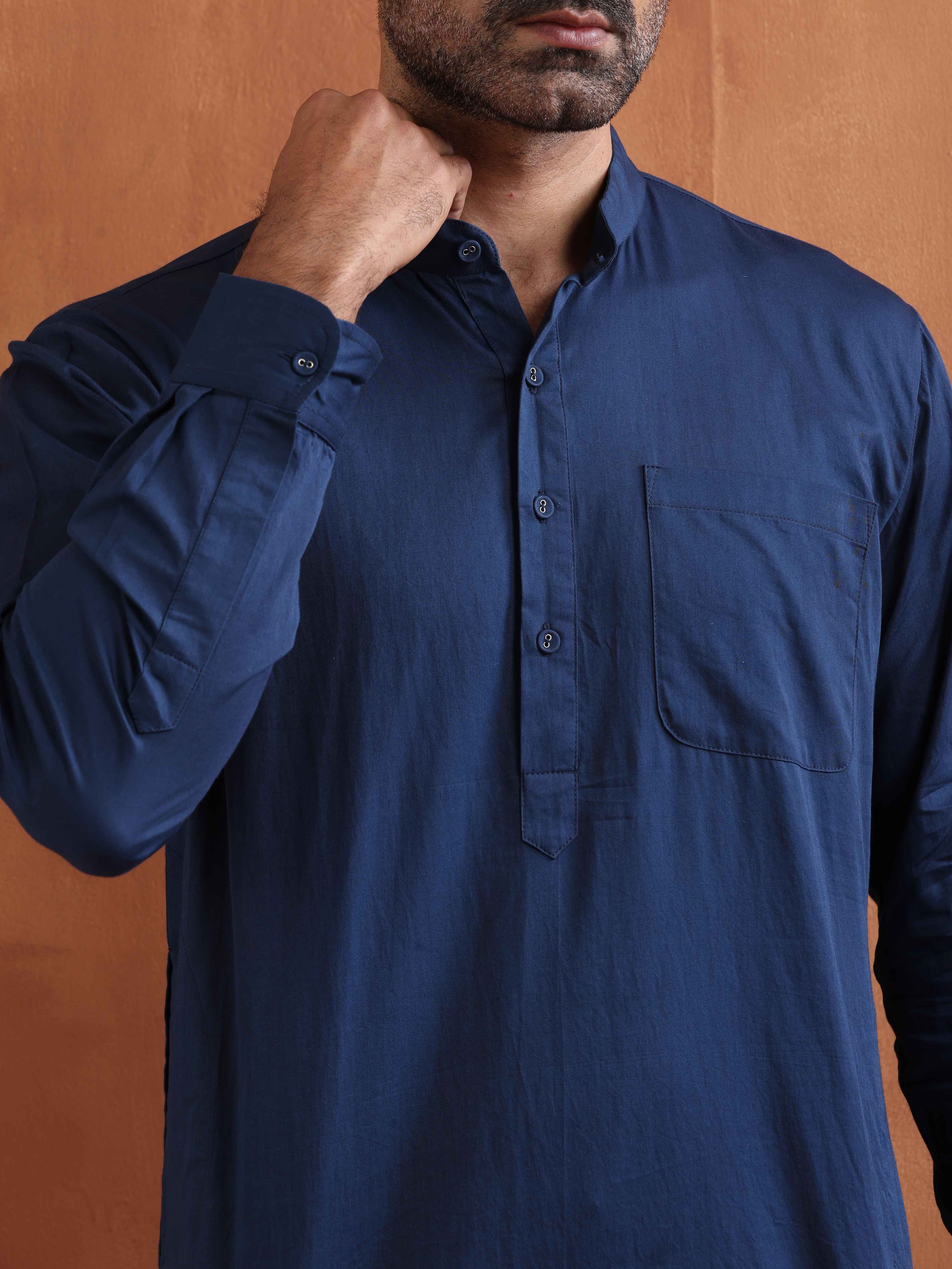 trueBrowns Men's Blue Cotton Short Kurta | Grocsy